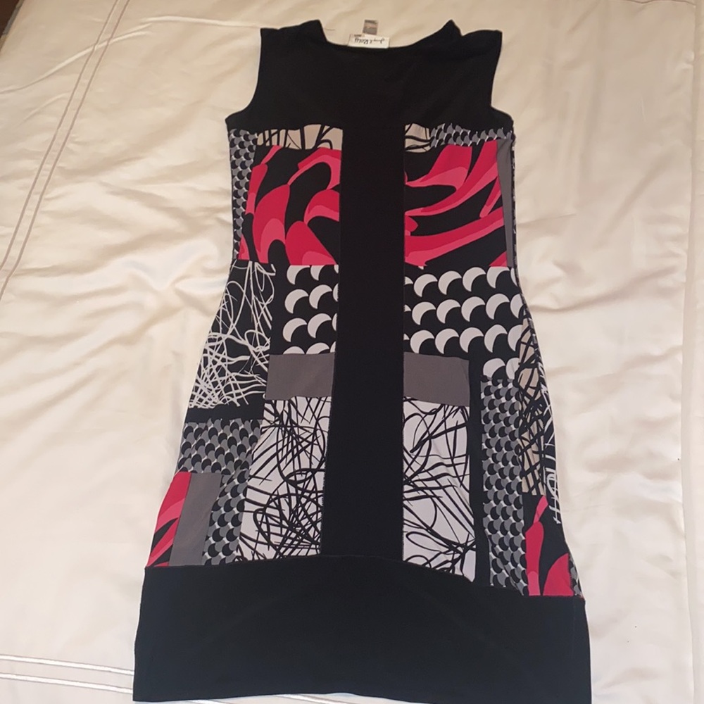 Vintage Joseph Ribkoff Hot Pink & Black Stretchy Sleeveless Keyhole Shift Dress - Picture 4 of 5